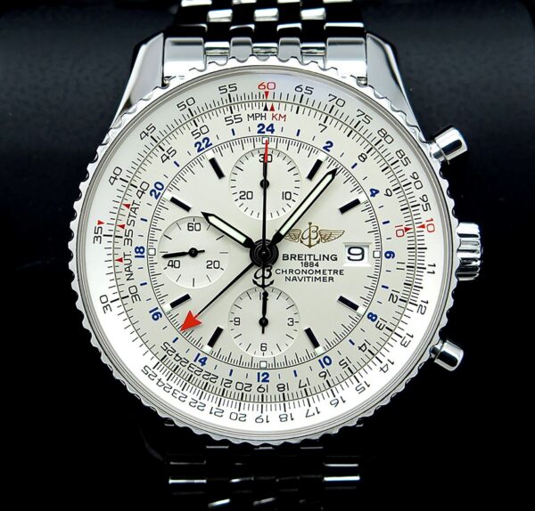 Breitling Navitimer World 46 GMT Silver Dial Chronograph Automatic Stainless Steel Aviation Replica.